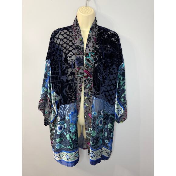Soft Surroundings Blue Burnout Velvet Boho Open Front Cardigan Kimono Size S/M - Picture 1 of 10